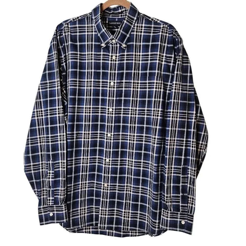Lands' End mens blue plaid cotton shirt. XL. #846